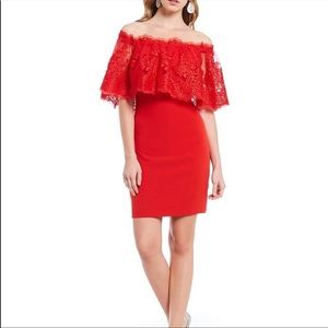 Belle Badgley Mischka Holiday Red Lace Off the Shoulder Sheath Dress